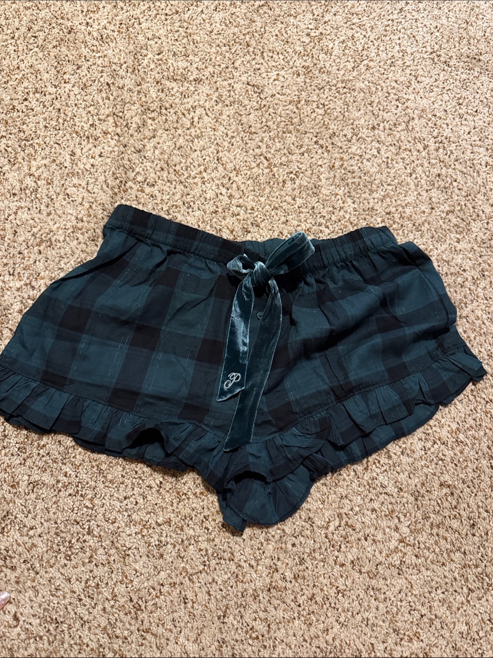 PINK Victoria's Secret Black and Dark Green Plaid Ruffle Shorts